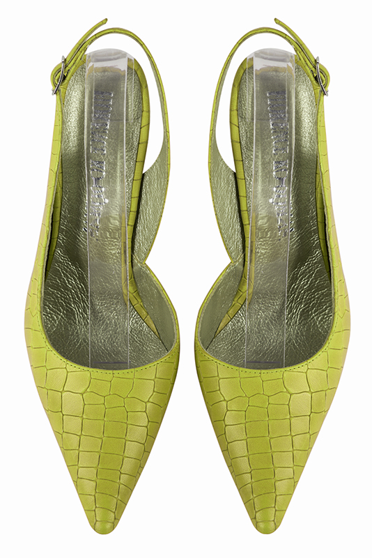 Pistachio green women's slingback shoes. Pointed toe. Very high slim heel. Top view - Florence KOOIJMAN